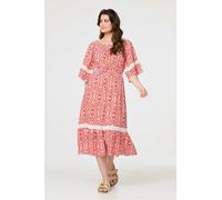 Printed Relaxed Lace Trim Midi Dress Izabel London Red 14
