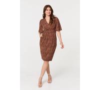 Izabel London Printed Ruched Faux Wrap Knee Length Dress In Brown Brown 16