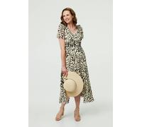 Printed Ruched Front V-Neck Midi Dress Izabel London White 12