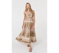 Izabel London Printed Ruched Sleeveless Maxi Dress In Brown Brown