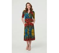 Izabel London Printed Ruched Waist Faux Wrap Midi Dress - Blue - 18