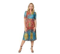 Izabel London Printed Ruched Waist Faux Wrap Midi Dress for Women UK with a v-Neck, 1/2 Sleeves & Front Pleats.