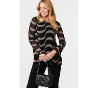 Izabel London Printed Semi Sheer Layer Long Sleeve Top for Women UK with a Round Neck and Relaxed fit. Black