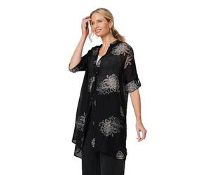 Izabel London Printed Semi Sheer Longline Blouse for Women UK with Buttons, Long Sleeves and Cuffs.