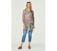 Izabel London Printed Semi Sheer Longline Blouse For Women UK with buttons, long sleeves and cuffs. Green