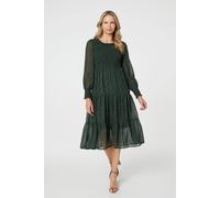 Izabel London Printed Sheer Layer Midi Smock Dress In Green Green 14