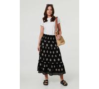 Izabel London Printed Shirred High Waist Midi Skirt - 12 - Black