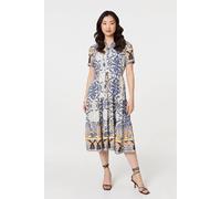 Izabel London Printed Short Puff Sleeve Midi Dress In Grey Grey 16