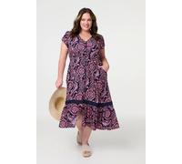 Izabel London Printed Short Sleeve Lace Trim Midi Dress In Blue Blue 14