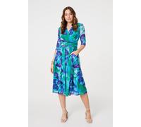 Izabel London Printed Short Sleeve Pleated Wrap Midi Dress for Women UK with Pockets and a Faux wrap Shape. Blue
