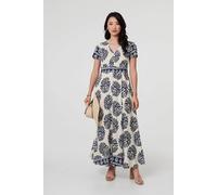 Izabel London Printed Short Sleeve Shirred Maxi Dress - 8 - Navy