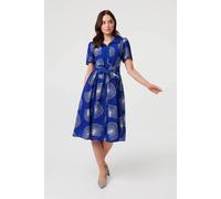 Izabel London Printed Short Sleeve Tie Midi Dress - 16 - Blue