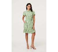 Izabel London Printed Short Sleeve Tie Short Dress for Women UK with a Collar, Buttons and a Frilled Hem. Green