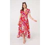 Izabel London Printed Short Sleeve Wrap Midi Dress Made from a Viscose Blend, for Women UK with a high Low Hem. Red