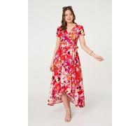 Izabel London Printed Short Sleeve Wrap Midi Dress Made from a Viscose Blend, for Women UK with a high Low Hem. Red