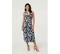 Izabel London Printed Sleeveless Twist Midi Dress for Women UK with a v-Neck, an a-line Shape and a Twist Front. Navy