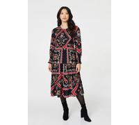 Izabel London Printed Smocked Long Sleeve Midi Dress for Women UK with a Round Neck and a Tiered Shape. Navy