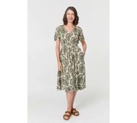Izabel London Printed Smocked Short Sleeve Midi Dress - Green - 16