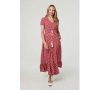 Izabel London Printed Smocked Tie Waist Maxi Dress - Red - 16