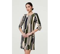 Izabel London Printed Stripe Texture Short Shift Dress - S - Green