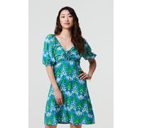Izabel London Printed Tie Bardot Neck Short Dress for Women UK with 1/2 Puff Sleeves, Made from 100% Viscose. Green