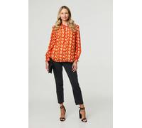 Izabel London Printed Tie Neck Long Sleeve Blouse - Orange - XL