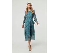 Izabel London Printed Tie Waist Layered Midi Dress - 14 - Teal