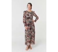 Izabel London Printed Long Sleeve Tie Waist Maxi Dress for Women UK with a semi Sheer Layer and a Round Neck.