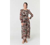 Izabel London Printed Long Sleeve Tie Waist Maxi Dress for Women UK with a semi Sheer Layer and a Round Neck.