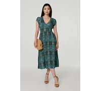 Izabel London Printed V-Neck Cap Sleeve Midi Dress - Green - 14