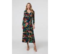 Izabel London Printed Zip Front Long Sleeve Maxi Dress In Black Black 8