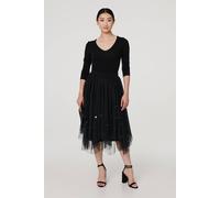 Izabel London Reversible Hanky Hem Mesh & Knit Midi Skirt In Black Black 10