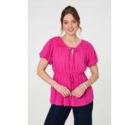 Izabel London Ruched Short Puff Sleeve Peplum Blouse - Pink - 14