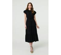 Izabel London Ruched Tiered Cap Sleeve Midi Dress Made from 100% Viscose, for Women UK with a tie Waist. Black