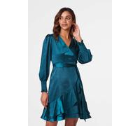 Izabel London Satin Frill Detail Wrap Dress In Green Green 12