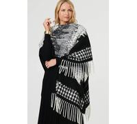 Izabel London Scarf Printed Fringed Oversized Poncho - Black - One
