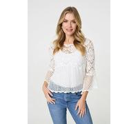 Izabel London Semi Sheer Crochet 3/4 Sleeve Crop Top - Cream - S/M