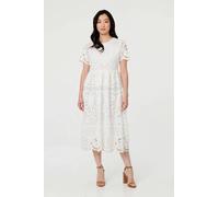Izabel London Semi Sheer Lace Layered Midi Dress - 10 - White