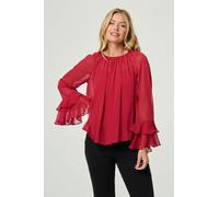 Izabel London Semi Sheer Long Sleeve Ruffled Blouse - 10 - Red