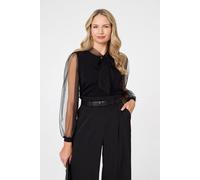 Izabel London Semi Sheer Sleeve Tie Neck Knit Top In Black Black 12