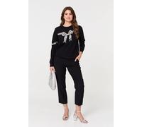 Izabel London Sequin Bow Print Long Sleeve Jumper In Black Black