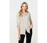Izabel London Sequin Detail 3/4 Turn-Up Sleeve Shirt - Beige - 16
