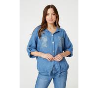 Izabel London Sequin Detail 3/4 Turn-Up Sleeve Shirt - Blue - 8