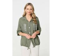 Izabel London Sequin Detail 3/4 Turn-Up Sleeve Shirt - Khaki - 14