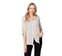 Izabel London Sequin Detail 3/4 Turn-Up Sleeve Shirt Made from 100% Linen for Women UK with a Drawstring Hem. Beige