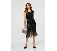 Izabel London Sequin Embellished Fringed Midi Dress In Black Black 10