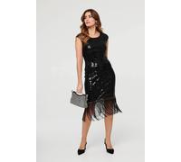Izabel London Women's Sequin Embellished Fringed Midi Dress in Black | Size: 14 Izabel London Black 14