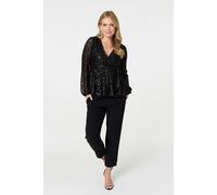 Izabel London Sequin Embellished Long Sleeve Peplum Top - Black - 14