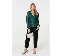 Izabel London Sequin Embellished Long Sleeve Peplum Top - Green - 14