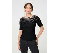 Izabel London Sequin Embellished Short Sleeve Knit Top - Black - L